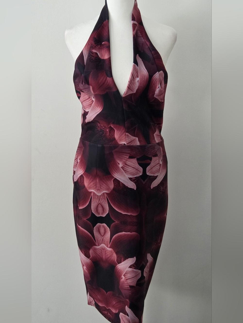 le chateau One-Shoulder Halter Floral Sheath Dress in Deep Berry and Blush